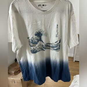 Uniqlo Blue and White Short Sleeve Tee with Ombré Wave Design